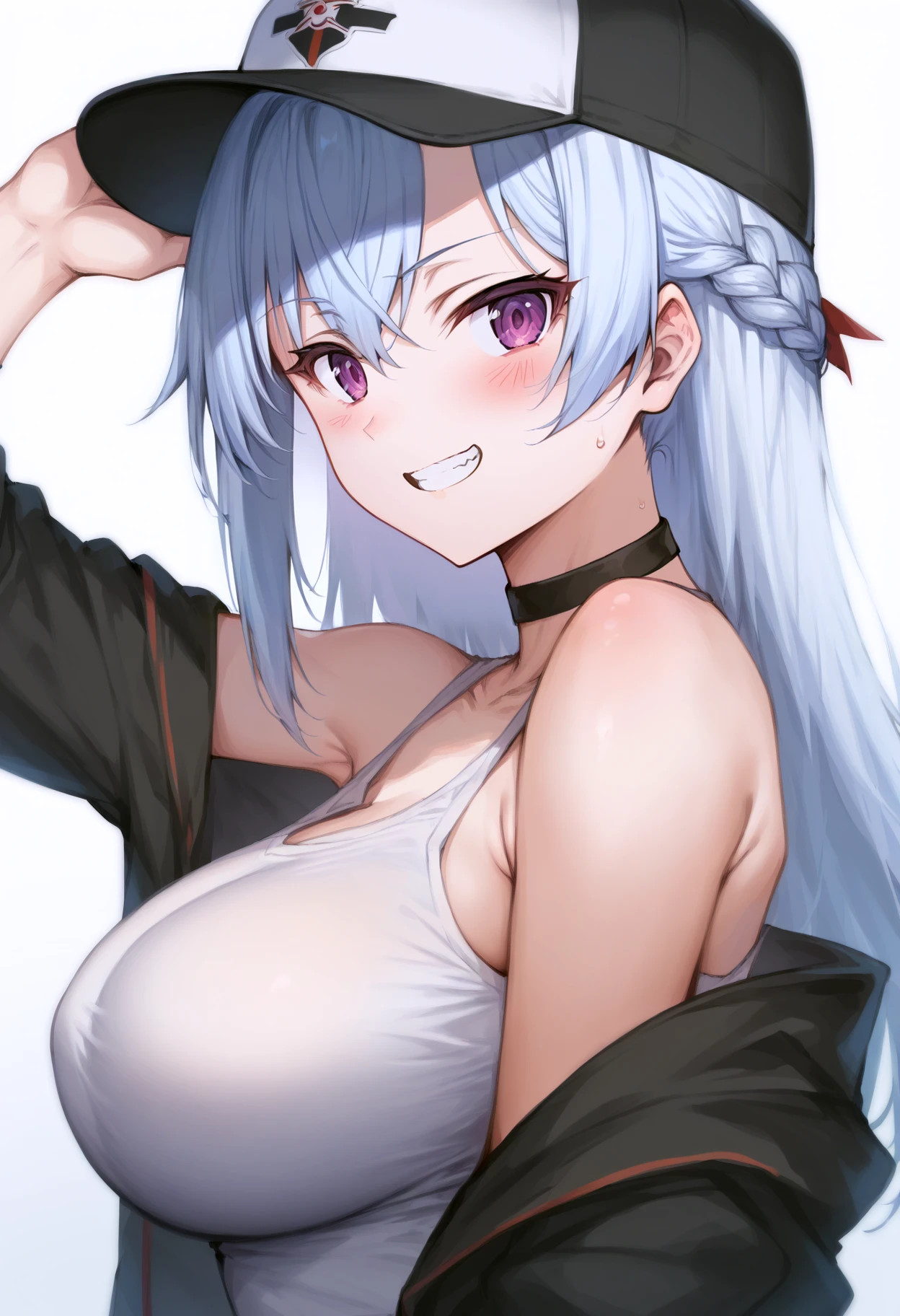 score_9, score_8_up, score_7_up, score_6_up, score_5_up, score_4_up,
BREAK
source_anime, white background, simple background, gradient background,
BREAK
1girl, :d, selfie, (grin:0.8), open mouth,
arm up, blush, braid, long hair, single sidelock,
purple eyes, white hair, hair between eyes, messy hair,
bare shoulders, large breasts,
tank top, single off shoulder, black jacket, baseball cap,
black choker,
looking at viewer, from side, looking back,
<lora:Haoni-v1-PDXL:1>
