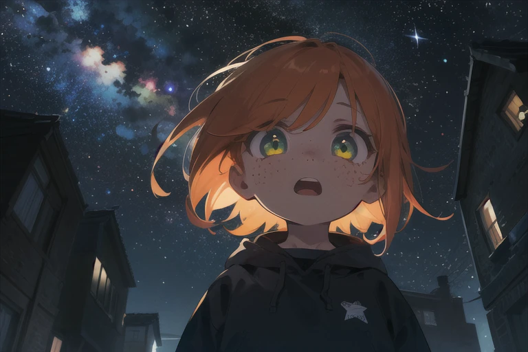 (masterpiece), (absurdres), (solo), (1girl), upper body, from below, looking up, open mouth, wide-eyed, orange hair, green eyes, glowing eyes, freckles, night, night sky, starry sky, star \(sky\), wide shot