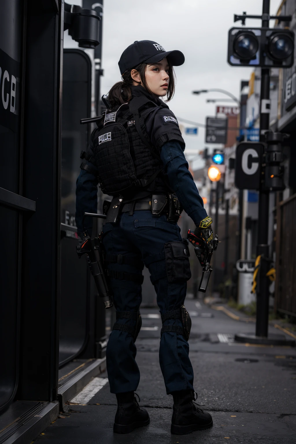 solo,outdoors,cityscape,<lora:0299 New York City Police Department_v1:0.9>,ruanyi0299,baseball cap,belt,boots,bulletproof vest,police uniform,holding weapon,(full body:1.2),h&k mp5,submachine gun,standing,1girl,(from behind:1.2),, (incredibly absurdres, ultra-detailed,CG ,unity ,8k wallpaper),(masterpiece),(realistic),(photorealistic:1.2),(raw photo:1.2), (best quality:1.2), (detailed face :1.4),(beautiful detailed eyes :1.2),(detailed hair),light on face, huge filesize ,cinematic lighting, 1 girl ,sexy,