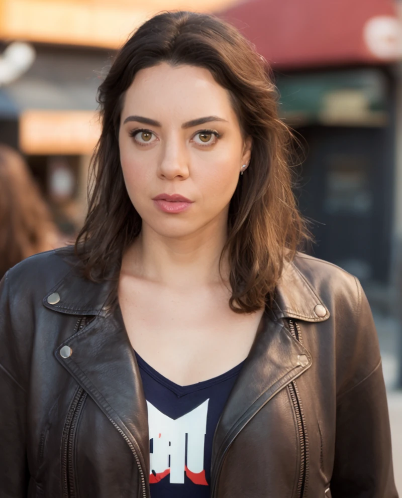 a picture of 4ubrey, brunette, realistic, photorealistic, detailed skin, surface scattering, bokeh, skin pores, <lora:4ubrey:1> city streets,detailed face,wearing a( leather jacket:1.2)
