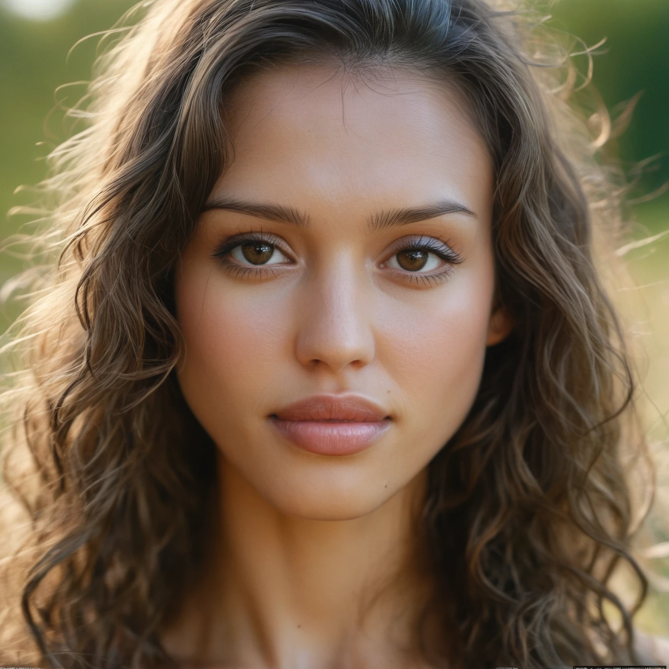 Skin texture, no makeup, Super high res closeup portrait photo of a woman outdoors with wavy long hair,f /2.8, Canon, 85mm,cinematic, high quality,looking at the viewer, glossy lips, <lora:jesalba_xl_1_standard_merger_29_60_83_05_02_03:1>