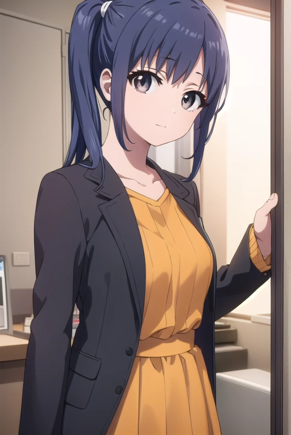 midoriimai, <lora:midori imai s1-lora-nochekaiser:1>,
midori imai, long hair, black hair, blue hair, (black eyes:1.3), side ponytail, smile,
BREAK dress, pantyhose, striped dress, jacket, orange jacket,
BREAK indoors, office,
BREAK looking at viewer, dynamic pose,
BREAK <lyco:GoodHands-beta2:1>, (masterpiece:1.2), best quality, high resolution, unity 8k wallpaper, (illustration:0.8), (beautiful detailed eyes:1.6), extremely detailed face, perfect lighting, extremely detailed CG, (perfect hands, perfect anatomy),