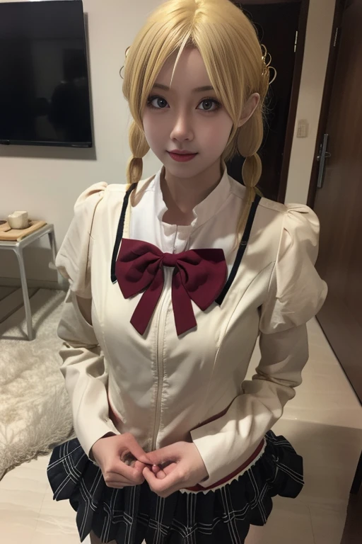 ltra-detailed,highly detailed,best quality,masterpiece,illustration,realistic,photorealistic,
1girl, solo,cosplay, 
tomoe mami, mitakihara school uniform, 
blonde hair, twin braids, 
looking at viewer, cowboy shot, 
<lora:tomoe mami_v2_07:0.9>