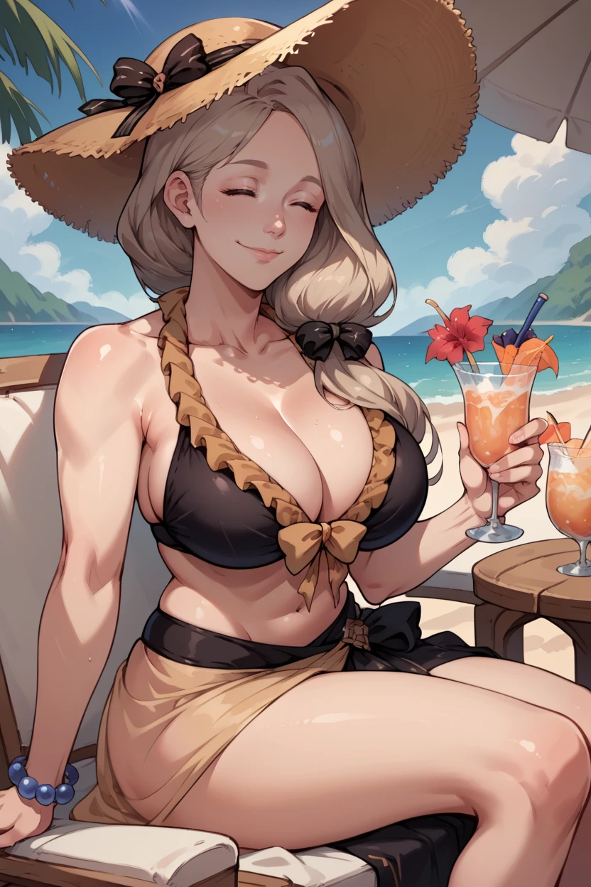 score_9, score_8_up, score_7_up, score_6_up, source_anime, 1girl, BREAK <lora:mercedes-pdxl-nvwls-v1:1> sumMercie, low-tied long hair, hair over shoulder, sun hat, black bikini, frilled bikini, sarong, bracelet, big breasts, shiny skin, closed eyes, smile, holding tropical beverage, sitting, beach chair, beach, blue sky, mountains, happy, closed mouth