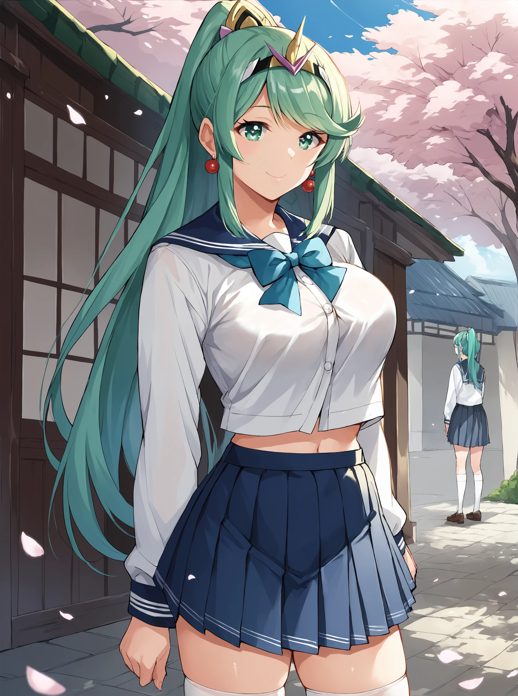 fujikawa daichi, shiny skin, official_art, anime coloring, (absurdres), score_9, score_8_up, score_7_up, score_6_up, score_5_up, score_4_up, BREAK masterpiece ,1girl,solo,<lora:PneumaBlade-05:0.6>, long hair, green hair, bangs, swept bangs, tiara, jewelry, ponytail, breasts, earrings, green eyes,hair ornament,large breasts, school uniform, (white serafuku:1), pleated skirt, smile,white legwear, cherry blossoms, school_in_the_background, bowtie,standing