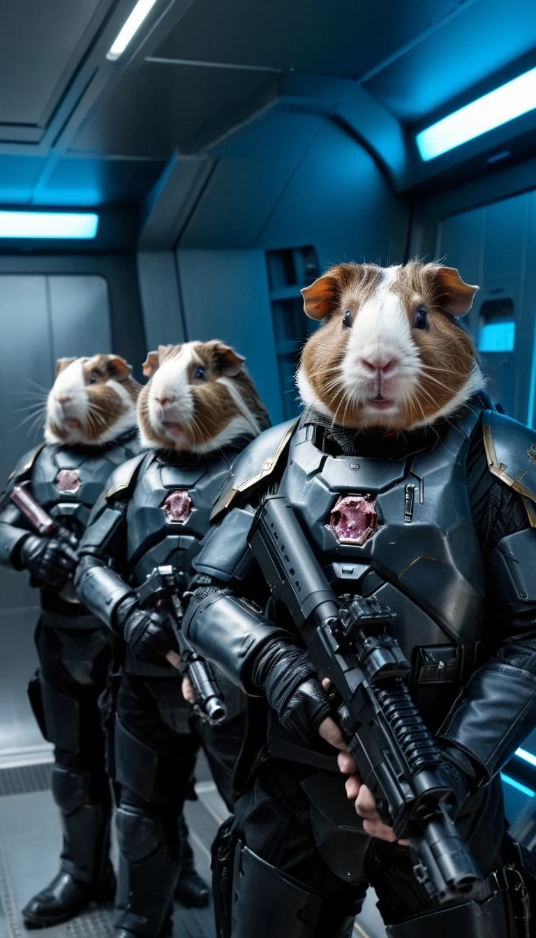 Science Fiction cinematic style stunning award winning portrait photo of a huge guineapig leading his squad of space marines with futuristic rifles, inside a spaceship , anamorphic,distorted lense,chromatic aberration,volumetric lighting,cinematic,epic composition, <lora:5A120B7E26:0.7>