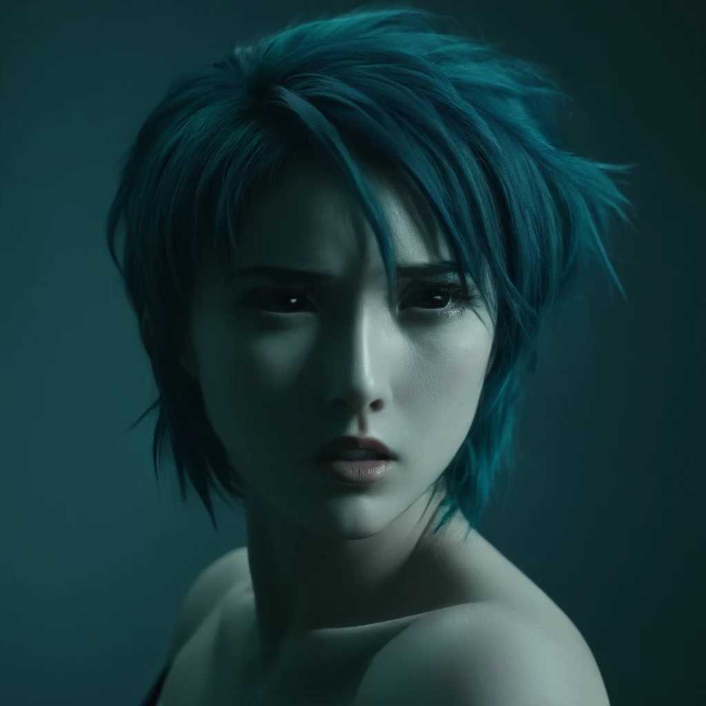 cinematic film still of  <lora:Chiaroscuro Lighting Style:0.8>
 <lora:black sclera v2:0.8> black sclera
 <lora:Yukiko Minase:1> Yukiko Minase
dramatic, cinematic, shadow, partially covered in shadow, a woman with a messy shot dark bluegreenhair Chiaroscuro Lighting Style, 1girl, solo, simple background, upper body, parted lips, grey background, lips, profile, single hair, messy hair, realistic, nose, shallow depth of field, vignette, highly detailed, high budget, bokeh, cinemascope, moody, epic, gorgeous, film grain, grainy