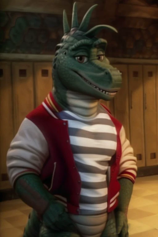 masterpiece, looking at viewer, male, anthro, ((photorealistic)) <slora:add_detail:0.4>, ((Robbie Sinclair, Dinosaur, Smiling, Letterman Jacket, stripped T-shirt)), Brown eyes, Green Scales
