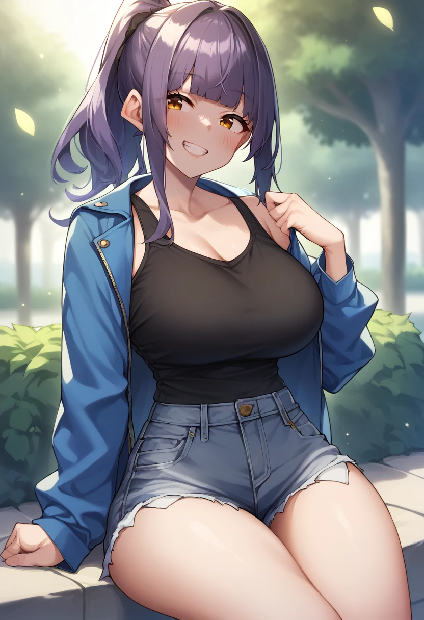score_9, score_8_up, score_7_up, source_anime, 1girl, solo, park, amber eyes, violet hair, blue jacket, open jacket, black tank top, jean shorts, seated, on a rock, cowboy shot, grin, blush, big breasts, wide hips, thick thighs, blunt bangs, ponytail,by dishwasher1910 <lora:Dishwasher-Style-PonyXL:1>