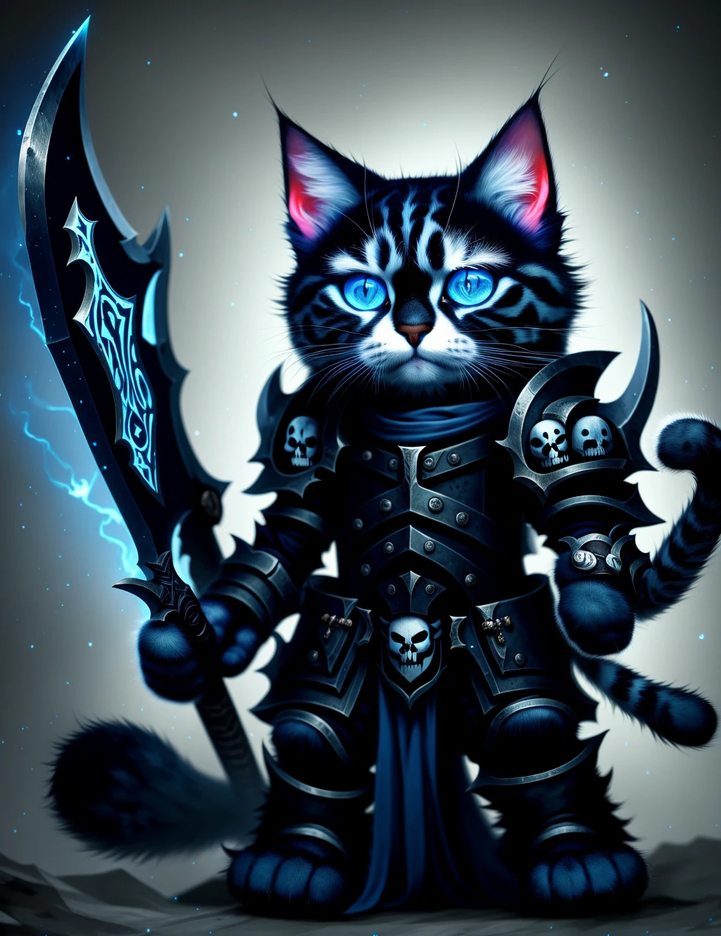 cute anthro cat, death knight, DonMD34thKn1gh7XL wielding runeblade, blue glowing runes, <lora:DonMRun3Bl4d3-000008:0.85>
