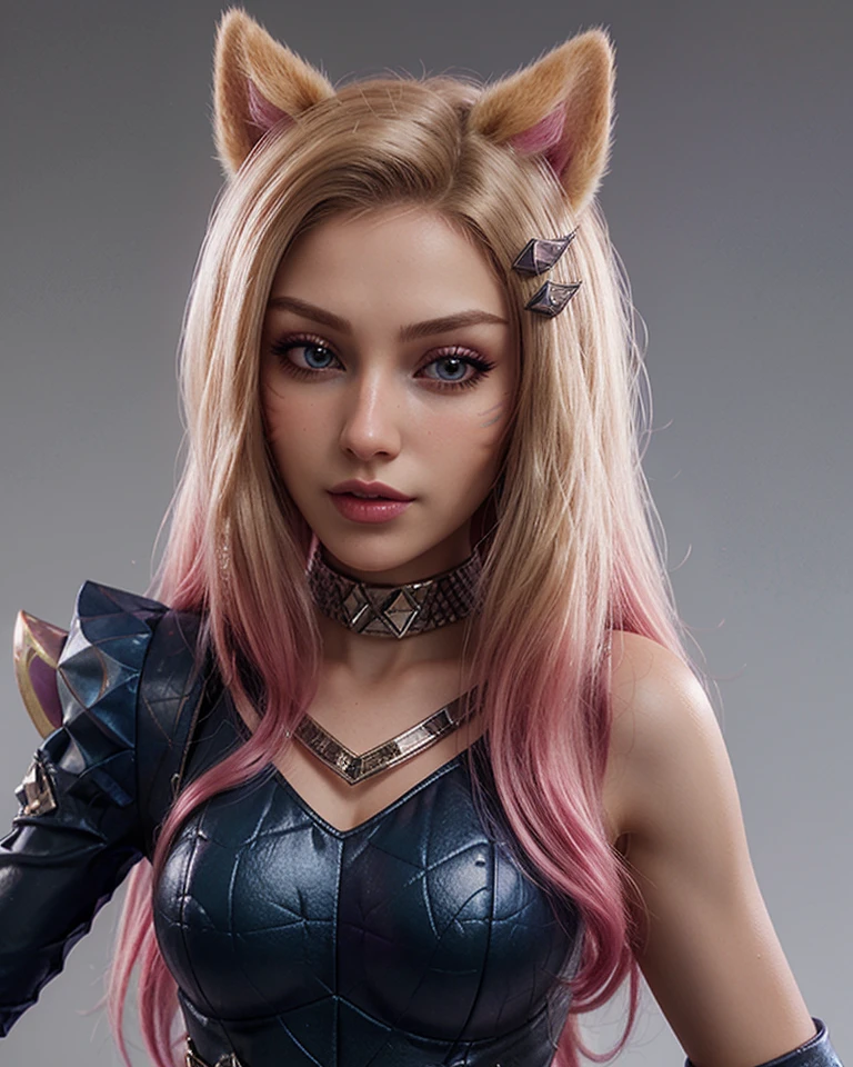 1girl, ahrikda, fox ears, 2tone hair, ((official k/da_(league_of_legends) outfit)), just a long sleeve, ((close up:1.4)), ((extremely detailed face)), simple background,