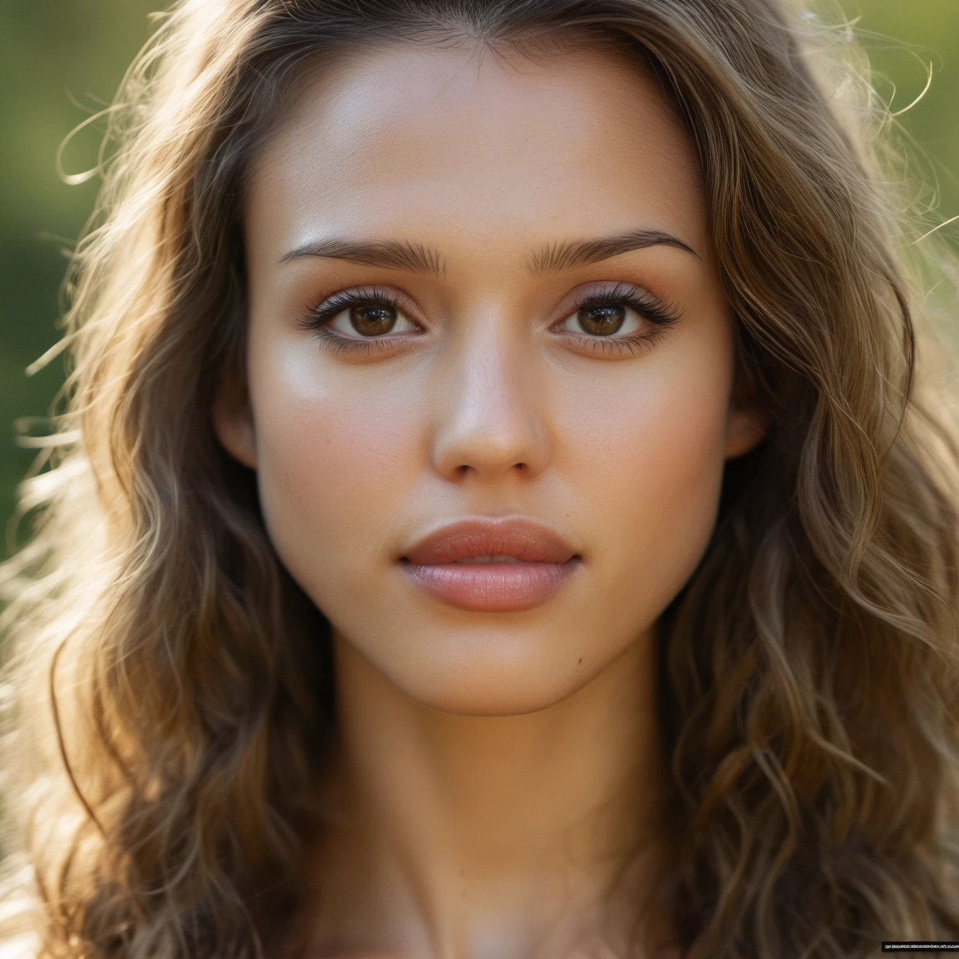 Skin texture, no makeup, Super high res closeup portrait photo of a woman outdoors with wavy long hair,f /2.8, Canon, 85mm,cinematic, high quality,looking at the viewer, glossy lips, <lora:jesalba_xl_1_standard_merger_29_60_83_05_02_03:1>