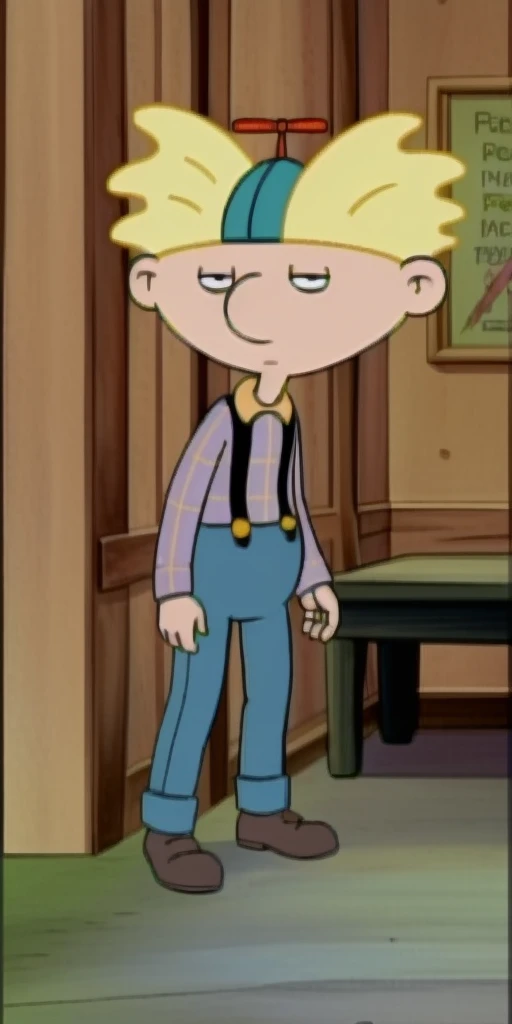 <lora:Arnie - Hey Arnold - 1996:0.9>, arnie_ha, yellow hair, propeller hat, pale blue shirt with yellow plaid, mouth, suspenders, dark blue slacks, socks, dark shoes,<lora:LCM_SD15_2MB:1.0>