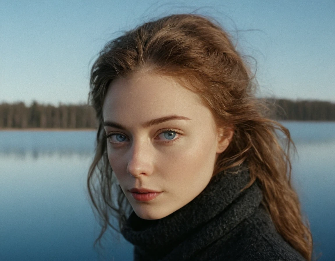 pretty, female with brown hair and blue eyes, on an winter island surrounded by a big clear lake, 35mm film photography