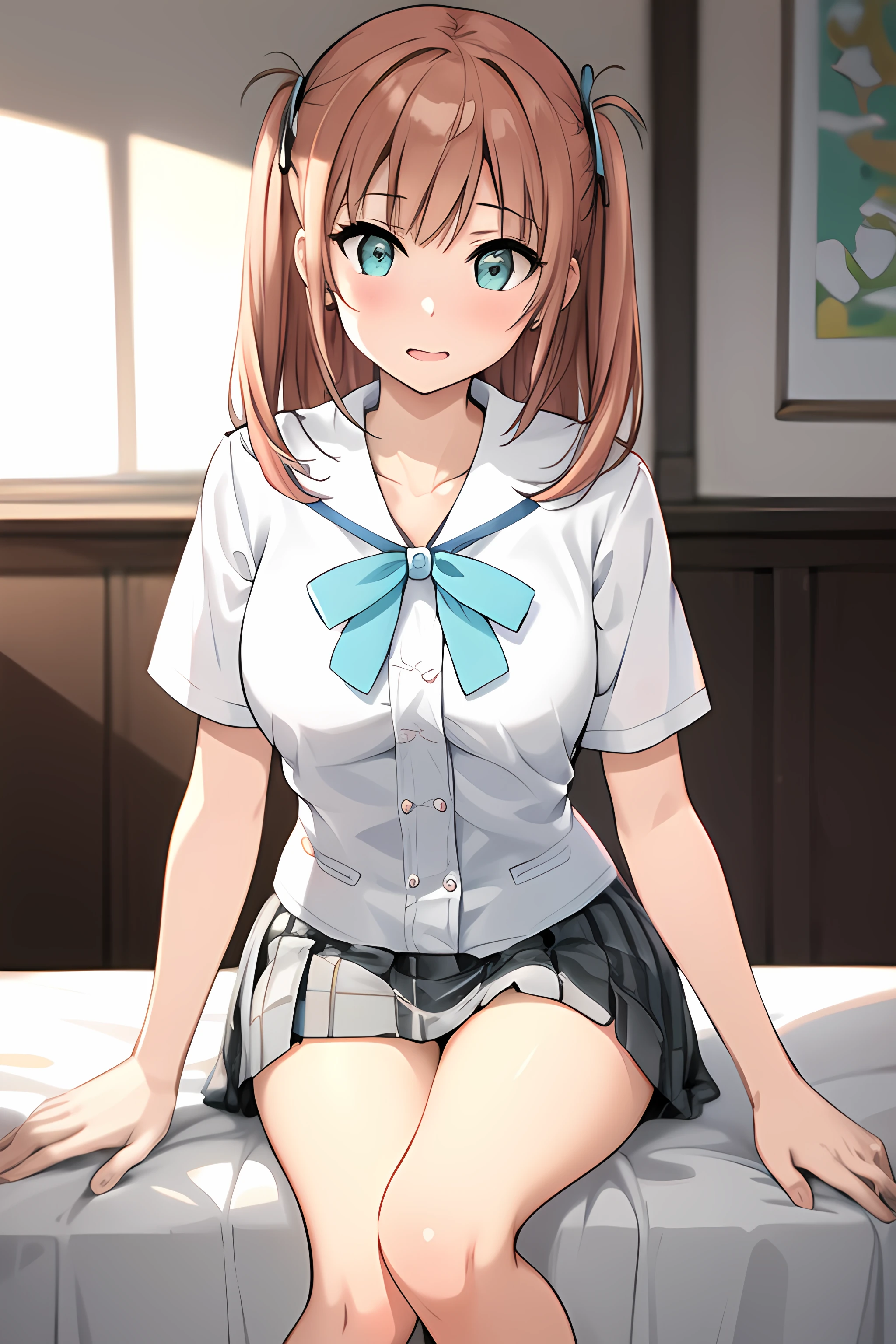 ((masterpiece, best quality)), 1girl,solo,sitting,minori nanahashi \(uniform\) \(one room\), blue_ribbon, blush, brown_hair, green_eyes, hair_ribbon, looking_at_viewer, plaid_skirt, pleated_skirt, ribbon, school_uniform, shirt, (short_sleeves), simple_background, skirt, solo, two_side_up, v, white_background, white_shirt,,,,,,extremely detailed CG unity 8k wallpaper, perfect lighting,Colorful, Bright_Front_face_Lighting,White skin, (masterpiece:1.0),(best_quality:1.0), ultra high res,4K,ultra-detailed, photography, 8K, HDR, highres, absurdres:1.2, Kodak portra 400, film grain, blurry background, bokeh:1.2, lens flare, vibrant_color,professional photograph,bow breasts, (beautiful_face:1),(detailed eyes),(narrow_waist),(Beautiful small breasts),Beautiful Finger,Beautiful long legs,Beautiful body,Beautiful Nose,Beautiful character design, perfect face,perfect balance,(2d)