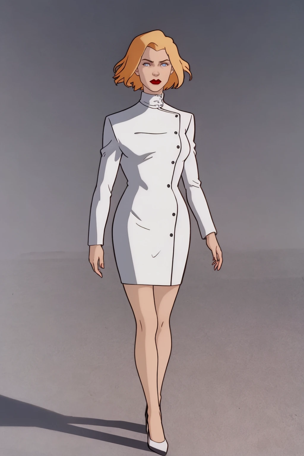 masterpiece, best quality,
1girl, agentl, blonde hair, short hair, blue eyes, red lips, makeup, white coat, skirt, high heels,
full body, solo, looking at viewer, simple background, solid grey background <lora:AgentL:1>