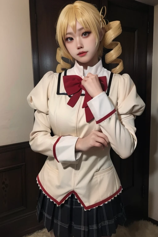 ltra-detailed,highly detailed,best quality,masterpiece,illustration,realistic,photorealistic,
1girl, solo,cosplay,
tomoe mami, mitakihara school uniform,
blonde hair, twin drills,
looking at viewer, cowboy shot,
<lora:tomoe mami_v2_07:0.8>