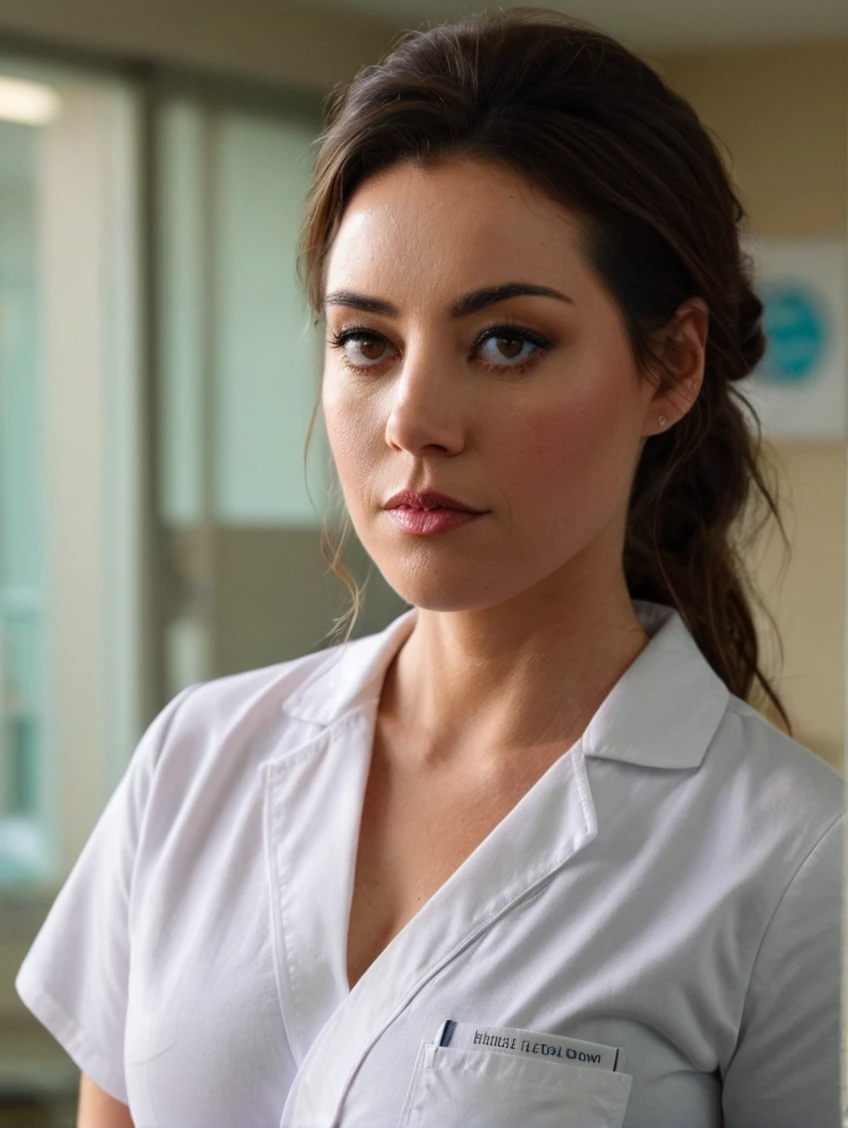 a beautiful picture of 4ubreyXL, detailed skin texture,masterpiece, photorealistic, woman, 4k, backlighting, light, RAW color photo,(fully in frame:1.1), (blush:0.5), (goosebumps:0.5),brunette, <lora:4ubreyXL:1> wearing a nurse outfit,face detailed,hospital background