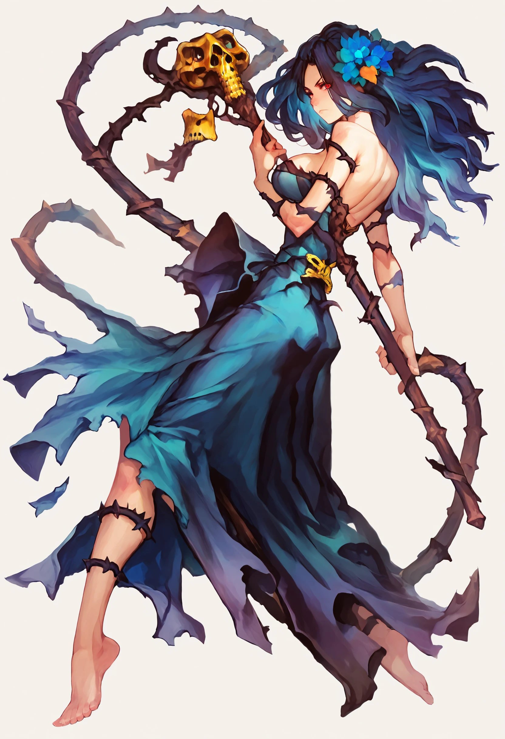 score_9,score_8_up,score_7_up,score_6_up,source_anime,<lora:Vanillaware_XL:1>,solo,1girl,thin,petite,from side,full body,blush,multicolored hair,red eyes,serious,long hair,cleavage,blue hair flower,large breasts,long dress,multicolored dress,torn clothes,bare shoulders,bare legs,bare arms,black thorns,skull staff,simple background,white background,