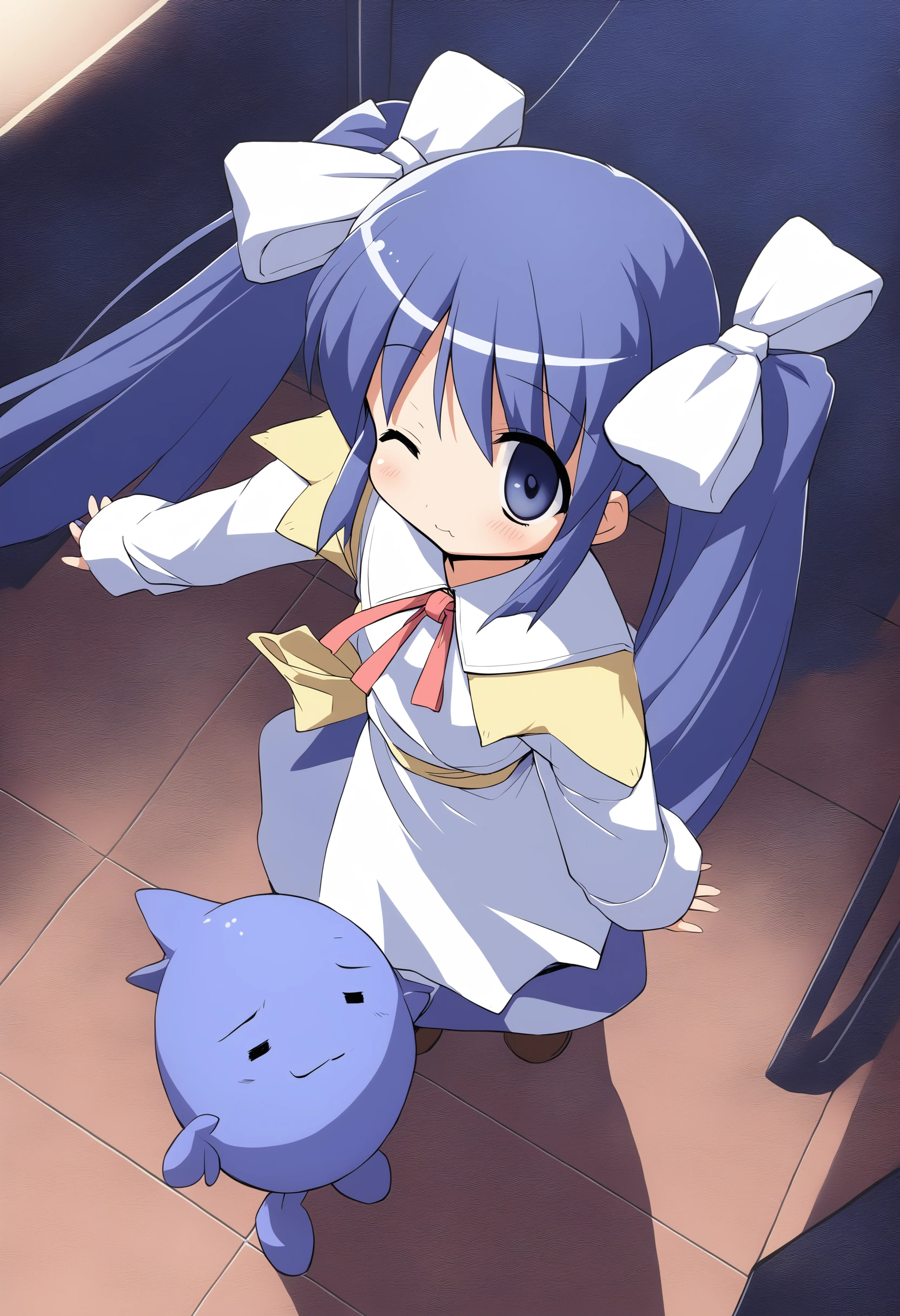 1girl,
<lora:niseharunaXLv2:1.0>,niseharuna, ukagaka, twintails, long sleeves, solo, blue hair, long hair, blue eyes, dress, blush, bow, hair ribbon, :3,
from above, wide shot, looking at viewer, wince, stage, closed mouth,
medium quality,