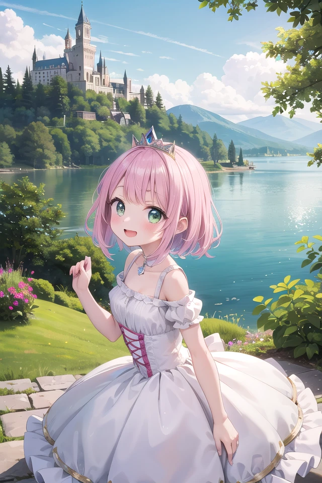 insanely detailed, absurdres, ultra-highres, ultra-detailed, best quality,
1girl, solo, nice hands, perfect hands,
BREAK
(wearing princess dress), tiara,
happy smile, laugh, open mouth,
standing,
from side, cowboy shot, looking at viewer, (holding bar:-1.5), (hip:-1.5)
BREAK
slender, kawaii, perfect symmetrical face, ultra cute girl, ultra cute face, ultra detailed eyes, ultra detailed hair, ultra cute, ultra beautiful,
BREAK
fantasy world, (castle in background, lake:1.3), (very wide, panorama view, sense of depth, magnificent view:1.3)
BREAK
princess girl, pink hair, green eyes, medium breasts