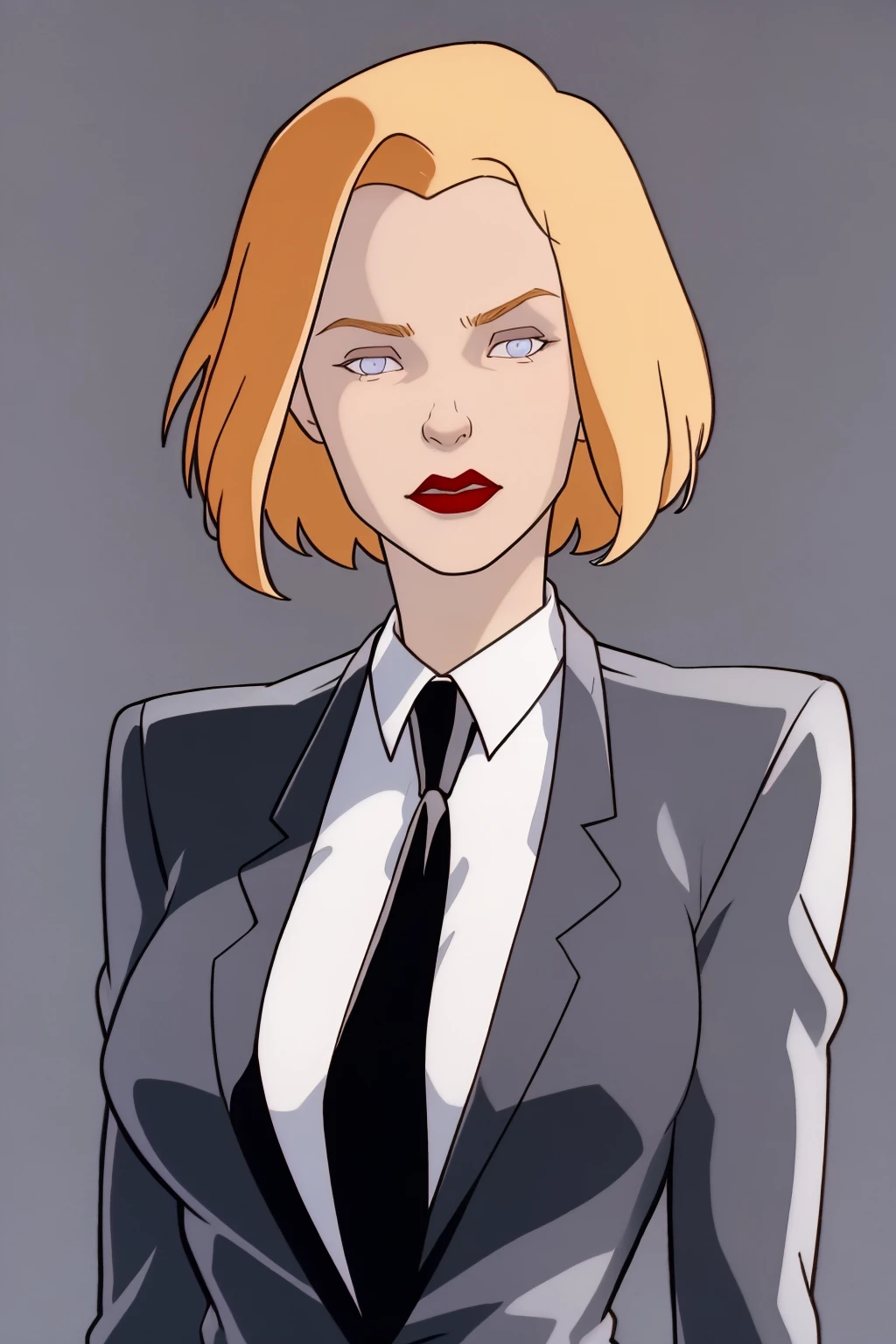 masterpiece, best quality,
1girl, agentl, blonde hair, short hair, blue eyes, red lips, makeup, formal, suit, (necktie), white shirt,
upper body, solo, looking at viewer, simple background, solid grey background    <lora:AgentL:1>