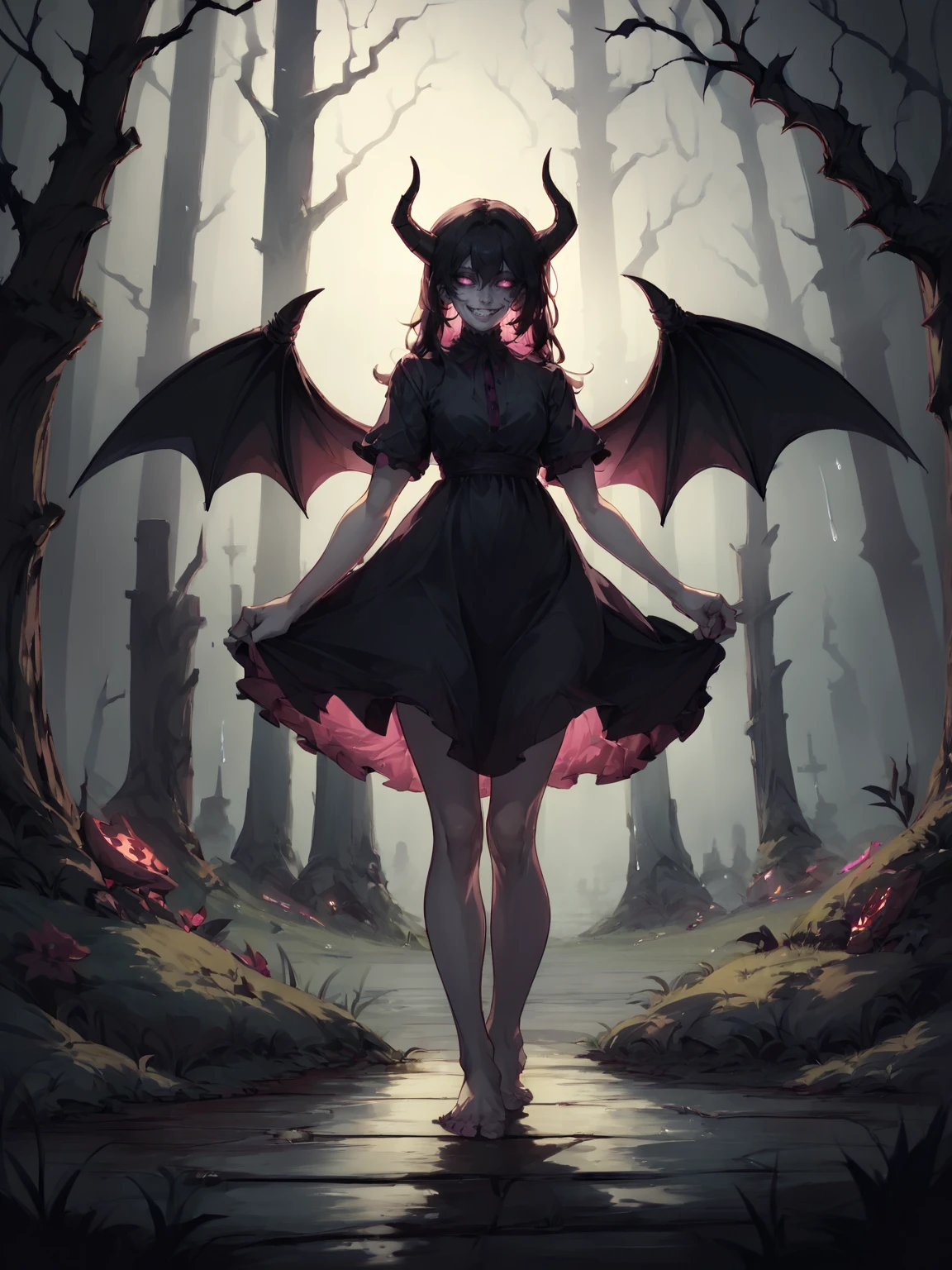score_9, score_8_up, score_7_up, score_6_up, score_5_up, score_4_up, (colorful, vibrant colors), BREAK
(outside, scary castle, raining, evening, soft light, dim lit, moody vibe, horror \(theme\)), 1girl, succubus, demon girl, mature female, (black hair), pink eyes, grin, smirk, demon horns, black tail, black demon wings, black dress