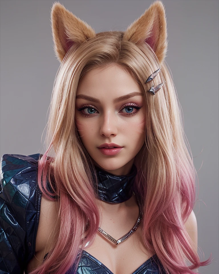1girl, ahrikda, fox ears, 2tone hair, ((official k/da_(league_of_legends) outfit)), just a long sleeve, ((close up:1.4)), ((extremely detailed face)), simple background,