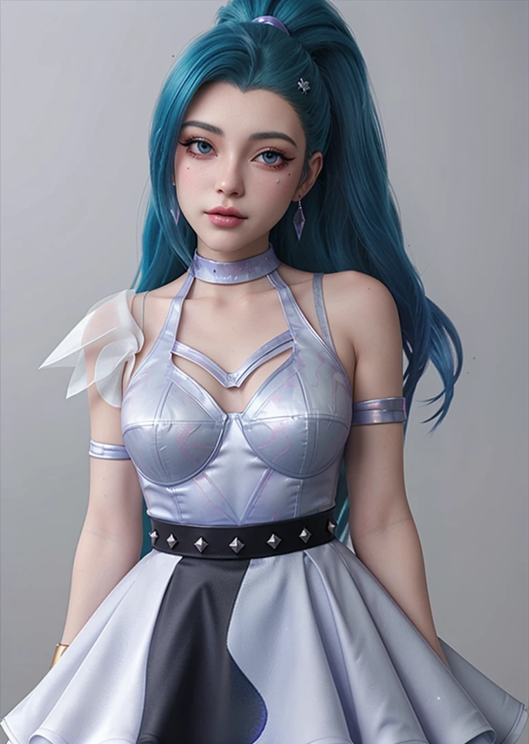 Sky, Field, Wheat, K/Da All Out Seraphine), League of Legends, K/Da \ (League of Legends), 1Girl, Solo, Aqua Green Hair, Gradient Hair, Blue Eyes, Lips, Long Hair, Long Ponytail, Ponytail, Earrings, Jewelry, Armbands, Bracelet, Ice Wing, Blue Dress, Layered Clothes, Black Skirt, One Shoulder Off-the-Shoulder, Cleavage, Stockings, Look to the Audience, Shoot from Above, Look at the Audience, Good Looking Breasts, Cleavage