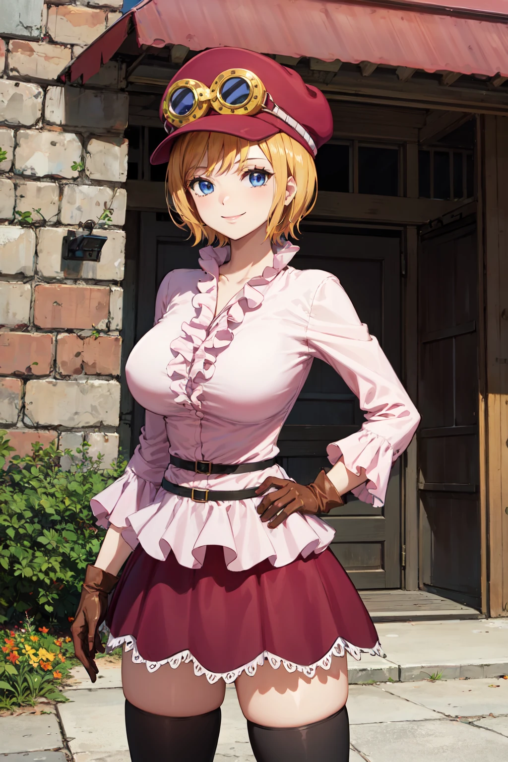 masterpiece,best quality,highres,ultra-detailed,koala \(one piece\),hat,cabbie hat,goggles on headwear,short hair,blue eyes,large breasts,shirt,frilled shirt,pink shirt,gloves,brown gloves,belt,skirt,red skirt,frilled skirt,thighhighs,black thighhighs,boots,high heels,brown footwear,<lora:koala_(one_piece):0.7>,outdoors,cowboy shot,smile,standing,