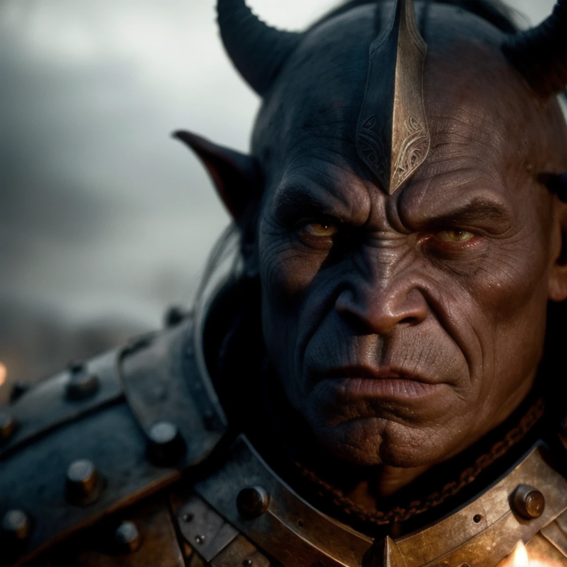 medium close up, stunning illustration of an orc warrior in medieval armor, epic composition, proud, at night, dark fantasy, gloomy, dramatic, emotional depth, cinematic, sharp focus, intricate, dramatic light, (abstract narrative:1.1), Canon EOS 5D Mark IV, high emotional impact, experimental photography