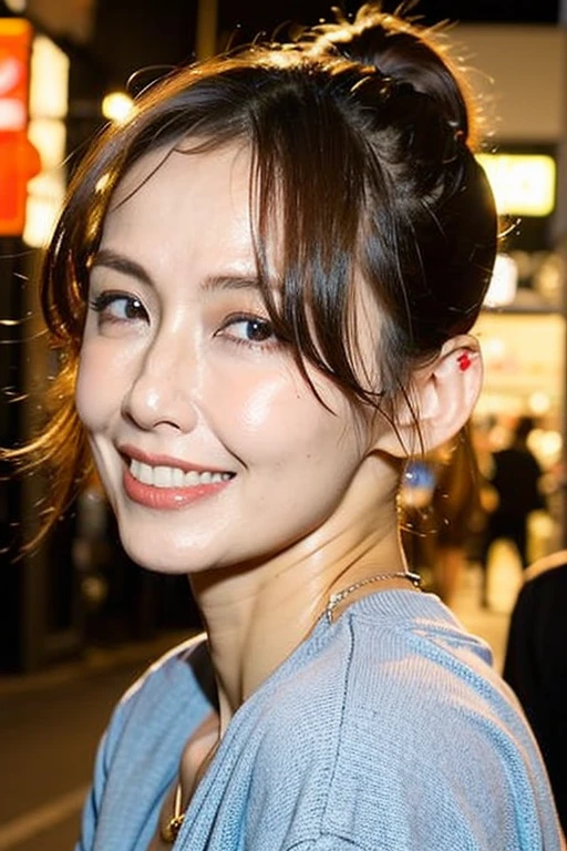 Best quality,masterpiece,ultra high res,(photorealistic:1.2),1girl,low key,slim body,undone hair,taipei street alley,dynamic pose,face closeup,medium breasts,smile,brown hair,high ponytail,<lora:phoebe_yuan:1>,