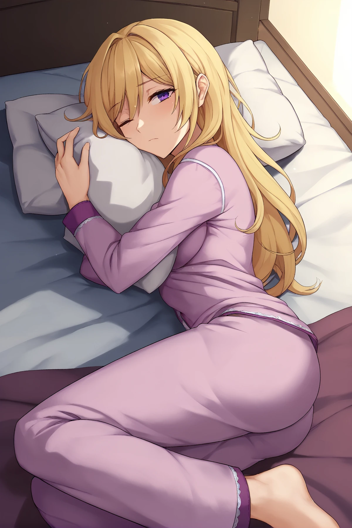 score_9,
a girl lying in bed hugging her pillow, blonde hair, long hair, on side, sleepy, one eye open, pajamas, solo, from side, purple eyes,
<lora:velminth_lite:1>,
high resolution, Masterpiece