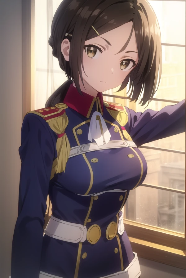 izettabianca, <lora:izetta bianca s1-lora-nochekaiser:1>,
bianca, black hair, hair ornament, (brown eyes:1.5), hairclip, ponytail,
BREAK pants, uniform, military, military uniform,
BREAK indoors, office,
BREAK looking at viewer, dynamic pose,
BREAK <lyco:GoodHands-beta2:1>, (masterpiece:1.2), best quality, high resolution, unity 8k wallpaper, (illustration:0.8), (beautiful detailed eyes:1.6), extremely detailed face, perfect lighting, extremely detailed CG, (perfect hands, perfect anatomy),