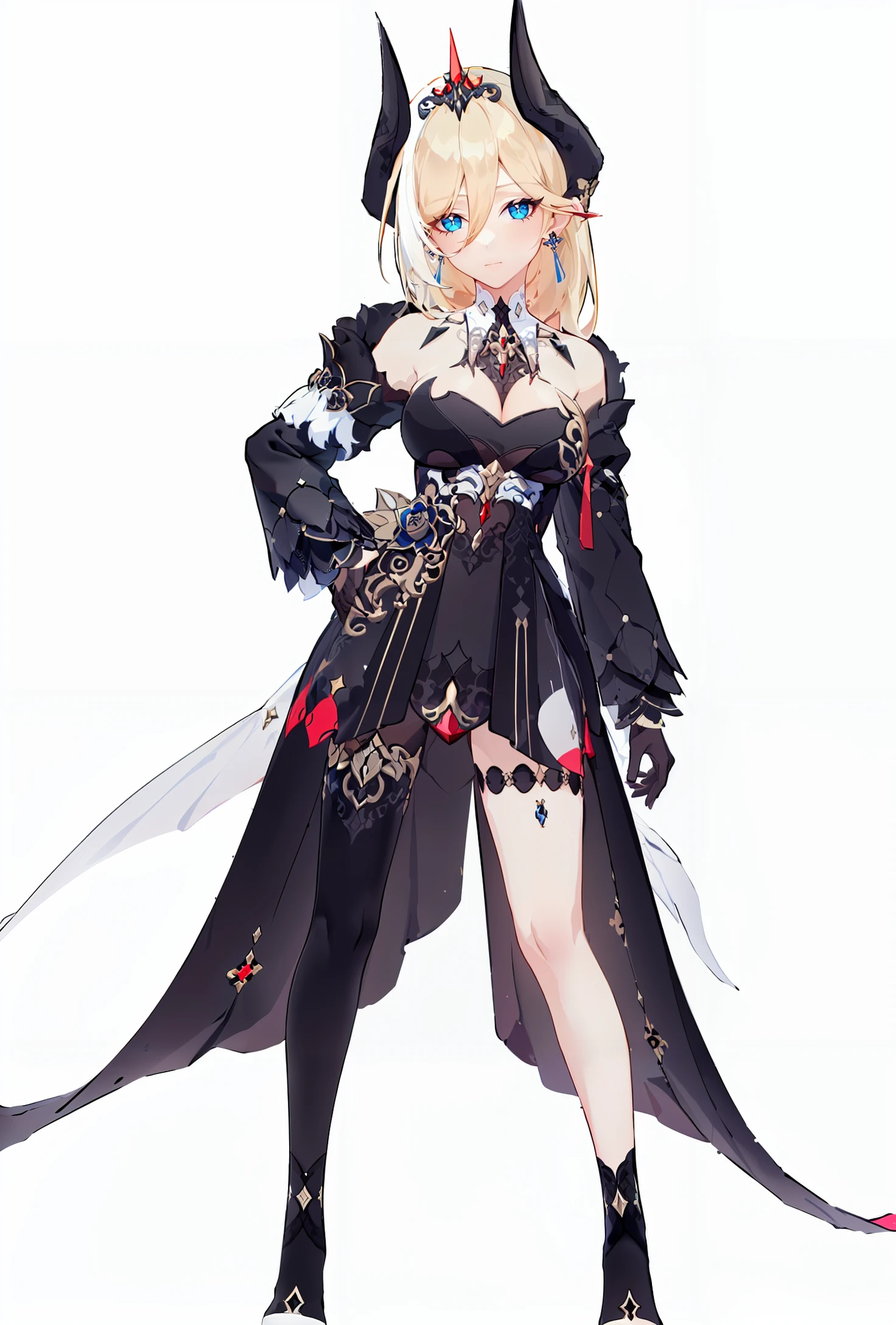 masterpiece, best quality, highres, 1girl blue eyes hair flower horns earrings braided ponytail tiara, black dress bare shoulders breasts cleavage black gloves long sleeves single thighhigh fur trim detached collar <lora:durandal_nibelungen_traumlied:1> simple background, standing, hand on hip, looking at viewer