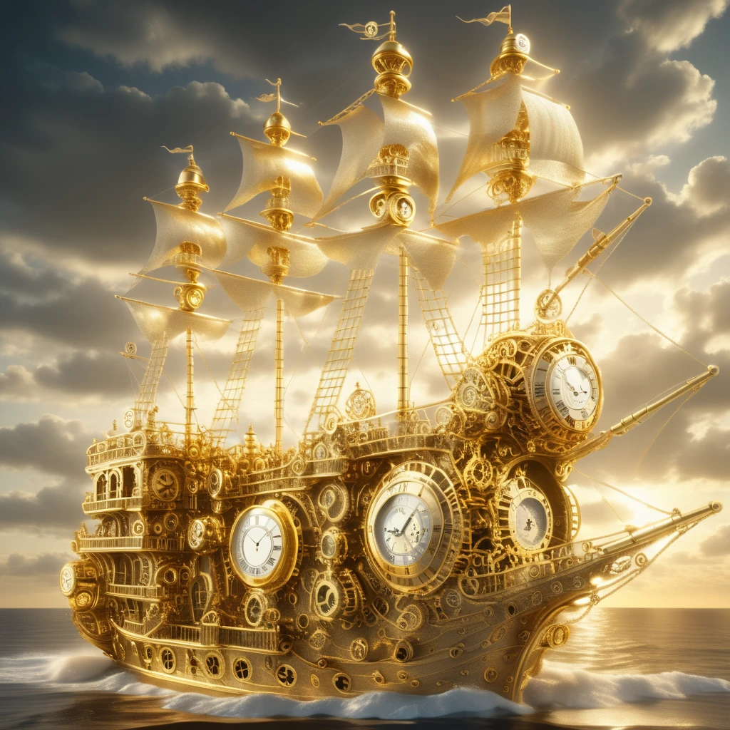 timeart golden clock pirate ship at sea<lora:timeart:1>