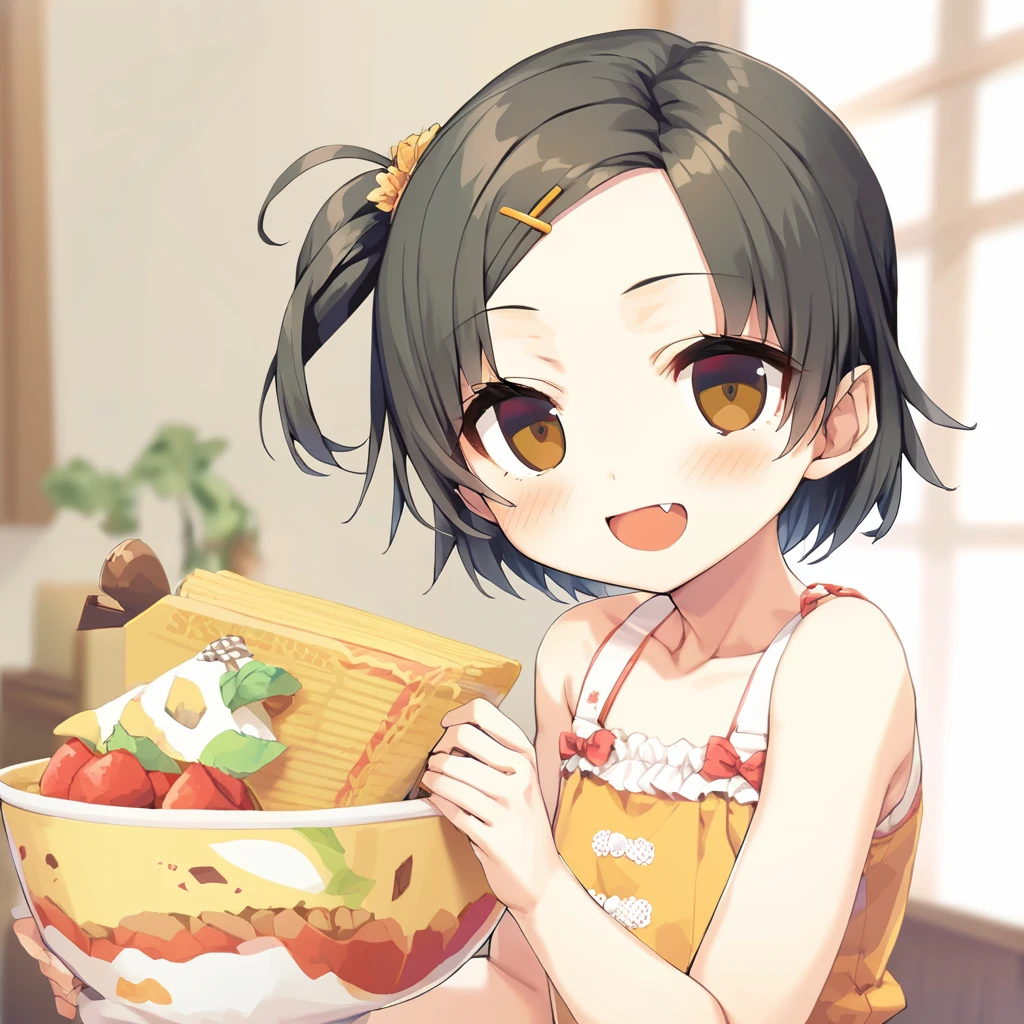 best_quality,masterpiece,<lora:CURA_SDXL_V1:1>,minokasa nagi,1girl,solo,hair ornament,smile,open mouth,fang,brown eyes,:d,holding,blush,one side up,dress,sleeveless,bangs,collarbone,bare shoulders,bare arms,looking at viewer,upper body,hairclip,brown hair,parted bangs,short hair,bow,black hair,