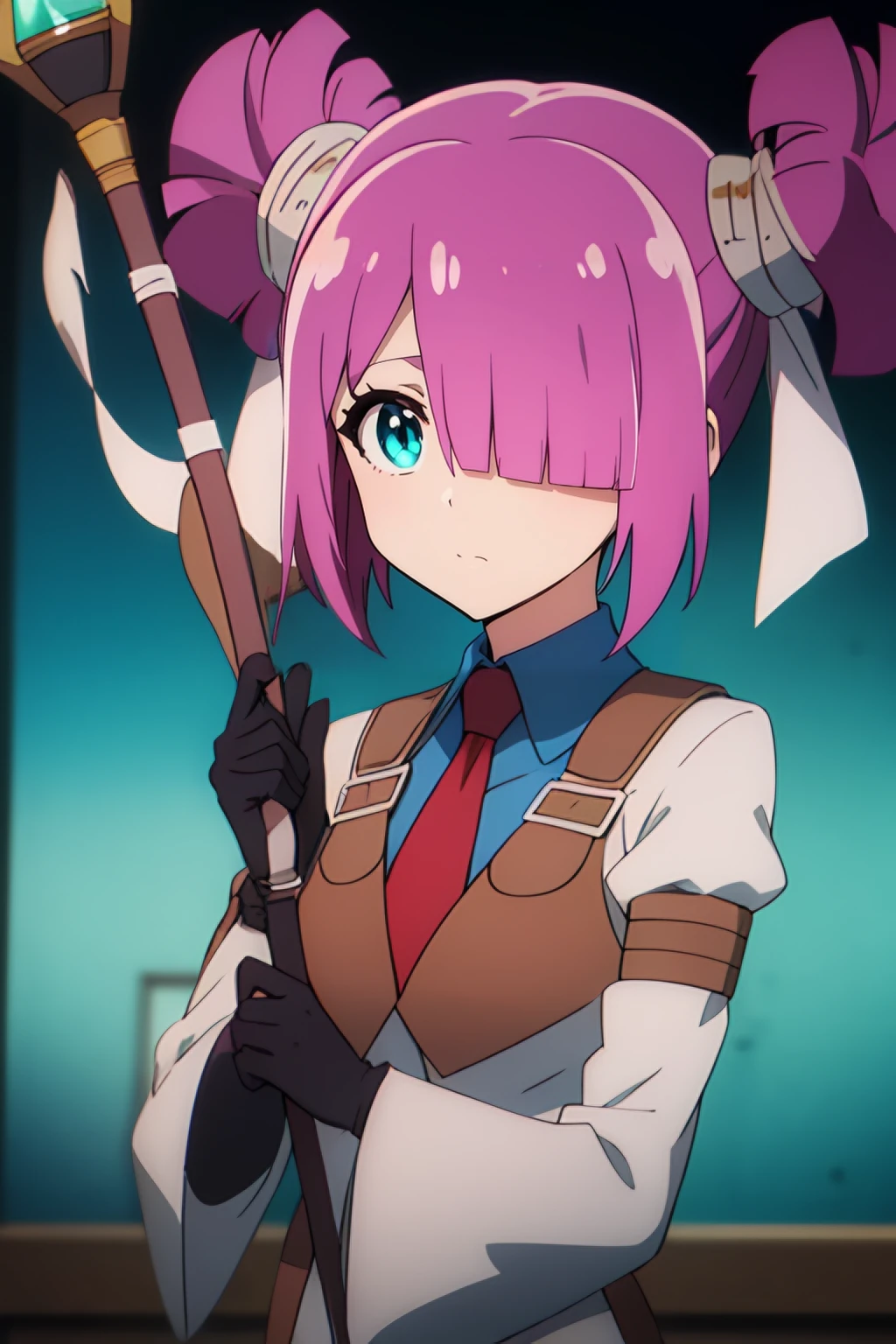 <lora:Laura Sati:0.7> laura sati, 1girl, short_hair, pink_hair, hair_over_one_eye, blue_eyes, purple_hair, hair_bun, twintails, solo, gloves, red_necktie, armor, staff, holding, best_quality, highres, extremely_detailed, anime perfect detailed style, 8k, masterpiece, anime art style, anime coloring,