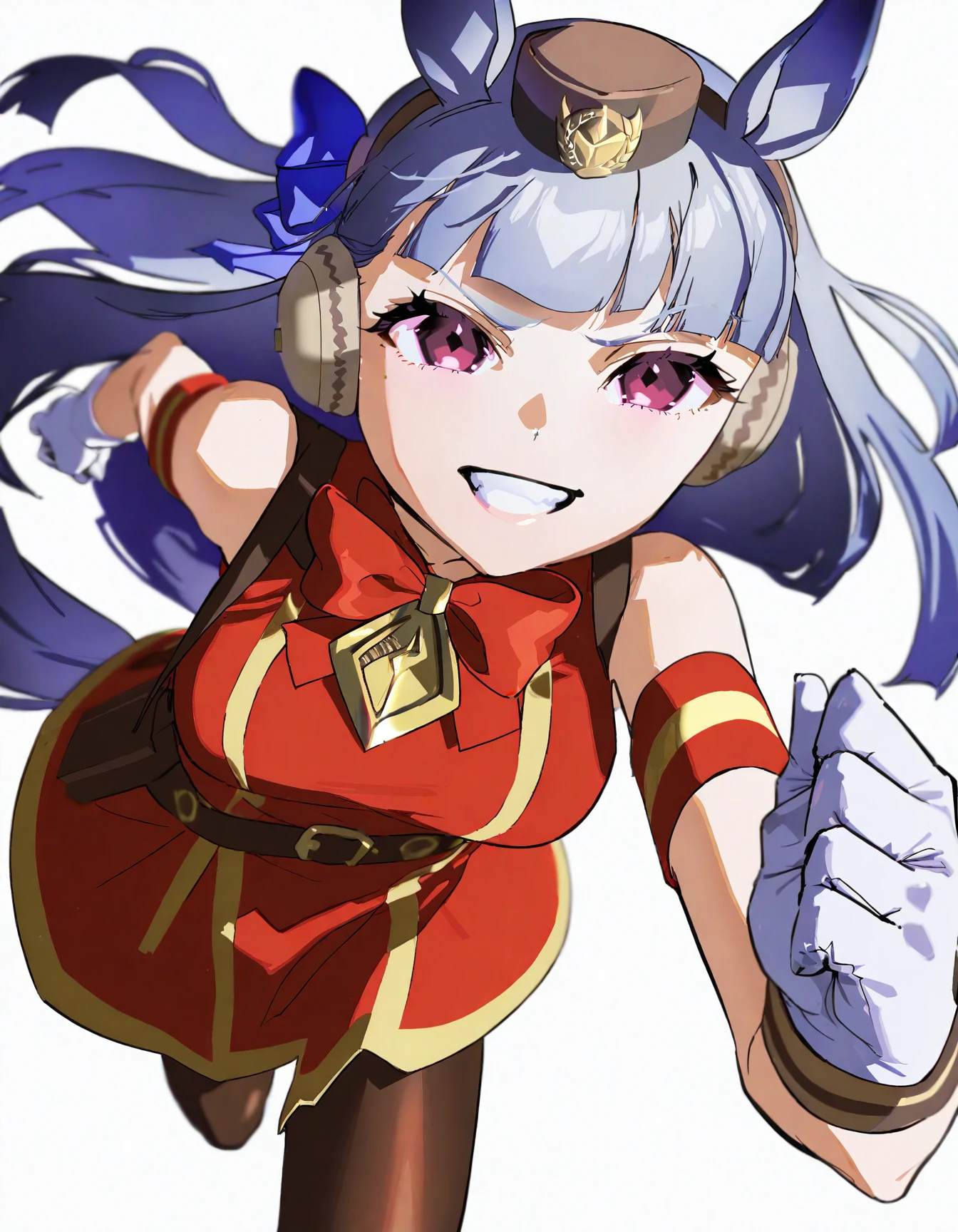 1girl, white gloves, running, perspective, white background, solo, long hair, breasts, looking at viewer, smile, red eyes, tail, grey hair, pantyhose, boots, teeth, sleeveless, blunt bangs, bowtie, grin, red bow, red dress, horse ears, horse girl, red bowtie, horse tail, brown headwear, pillbox hat, gold ship \(umamusume\), amazing quality, detailed, <lora:YoneyamaMai:1>