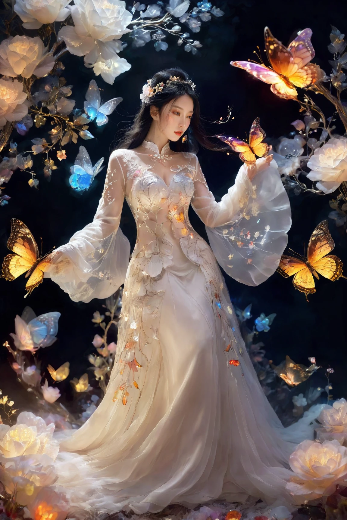 1girl, long hair, solo, black hair, dress, jewelry, black background, hair ornament, full body, white dress, chinese clothes, long sleeves, bracelet Highly detailed and vibrant concept art for a movie, Flower, Realistic Butterflies, Snow, Ice, Branches Saffron, Crystal, Gemstone Crystal, Glitter, Gemstone<lora:EMS-310343-EMS:0.800000>