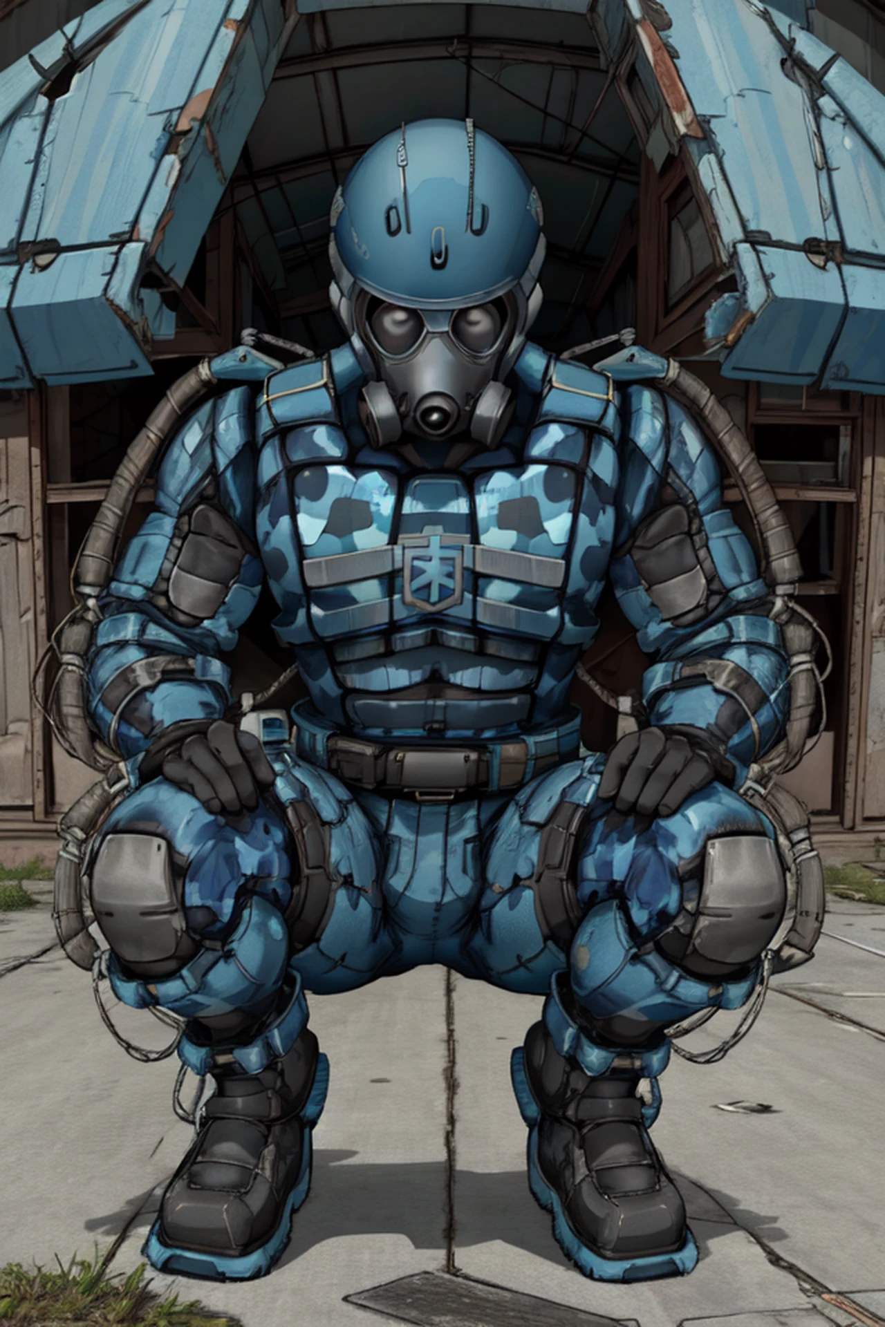 (best quality, masterpiece:1.2), 1boy, solo, standing, sci-fi armour, helmet, gas mask, no face, gray and blue colour scheme, blue camouflage, post-apocalypse, abandoned soviet buildings on background, gloomy atmosphere, <lora:STALKER_Exosuit__Exoskeleton__Экзоскелет:0.7>, (squatting:1.3), (close up:1.2)