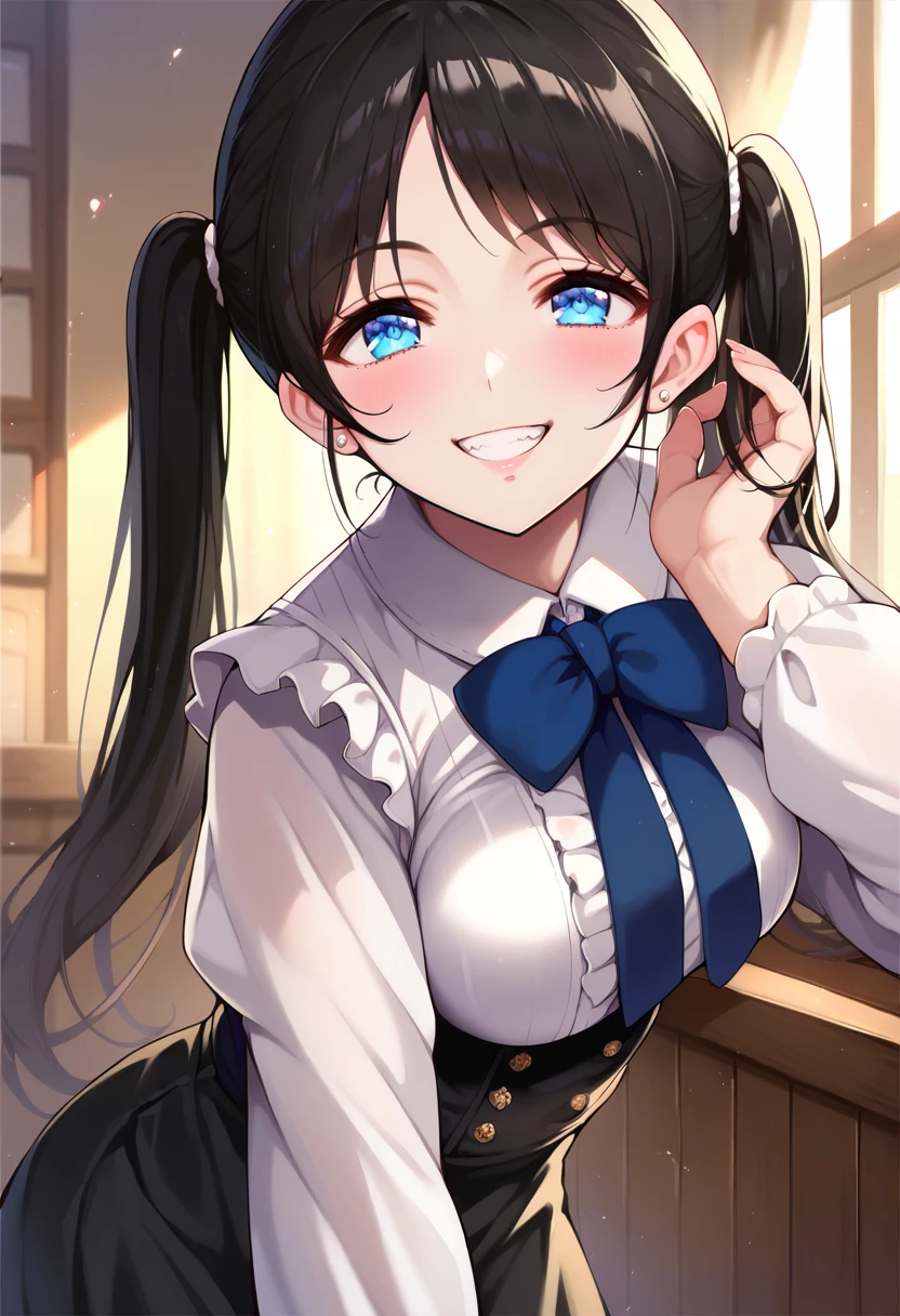 score_9, score_8_up, score_7_up, source_anime, 1girl,blue eyes,twintails, black hair, white blouse, black skirt, grin,looking at viewer, by jewelmilk <lora:Jewelmilk-Style-PonyXL-000024:1>