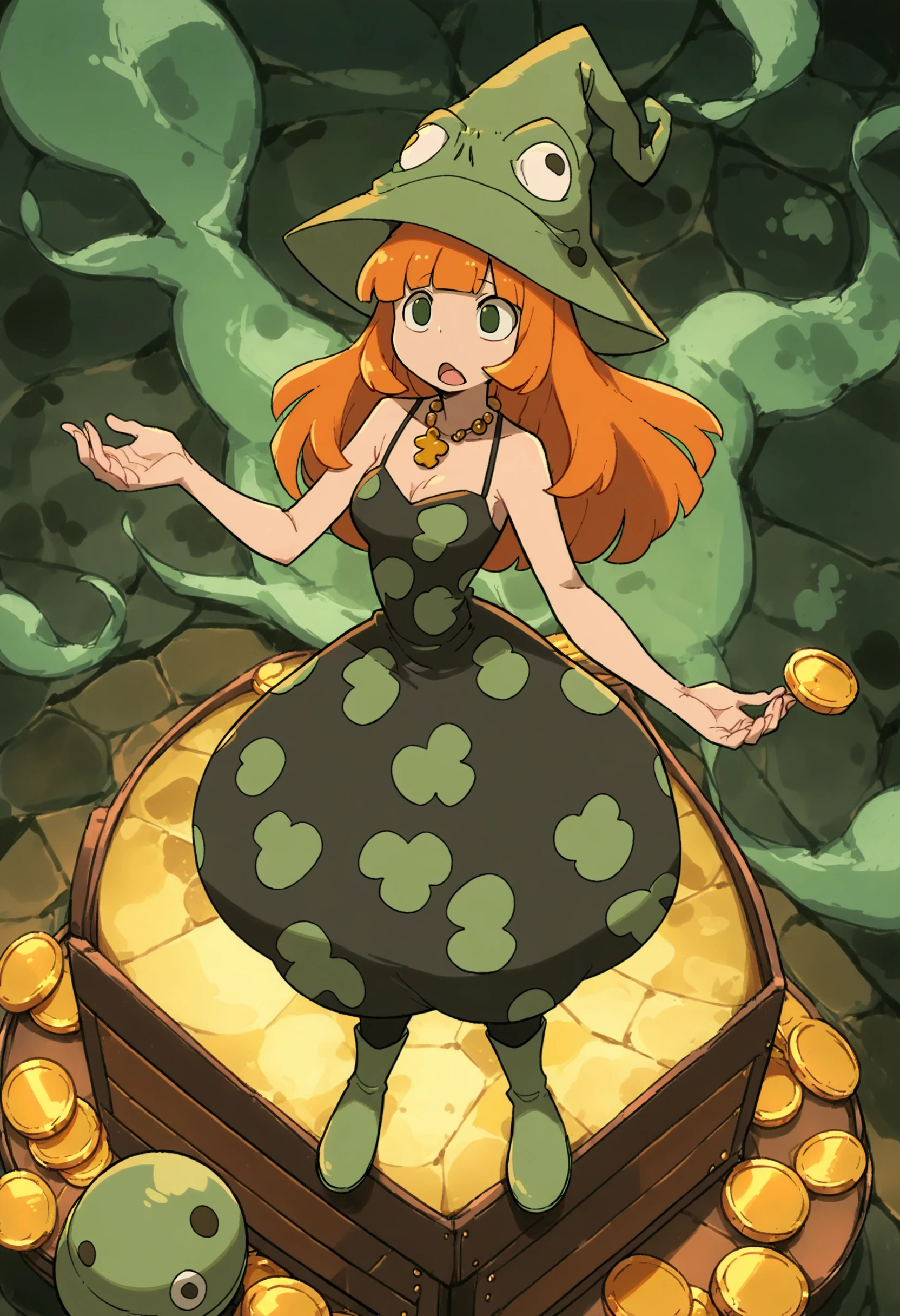 (score_9,score_8_up,score_7_up,score_6_up,score_5_up,score_4_up, source_anime:1.2), from above, from afar, (contrasting colors, bright colors:1.1), (Eruka_Frog, green hat, leprechaun hat:1.3), rating_safe, 1girl, thin, curves, adult, thin waist, medium size breasts, shamrock necklace, open mouth, orange hair,long hair,bangs, thin hat, witch hat, golden dress,black pantyhose,green boots,green polka dots,polka dot dress, (shamrocks, mystical forest, three-leaf clover, treasure chest, gold, gold coins, black magic:1.2),( dusk, bright lightsource, holy theme, glowing, detailed background:1.2), <lora:Eureka_Frog_v10:1>, <lora:add-detail-xl:1.4>, <lora:xl_more_art-full_v1:1.3>
