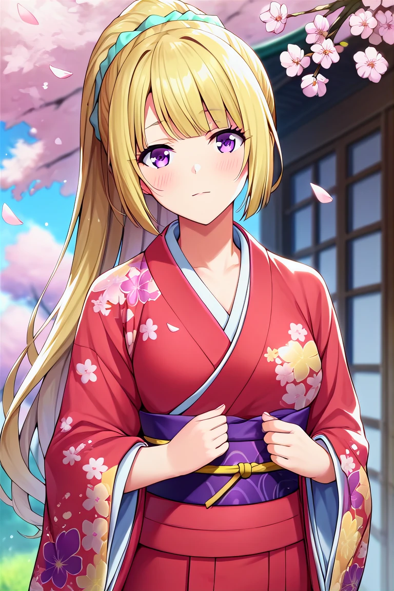 score_9, score_8_up, score_7_up, score_6_up, score_5_up, score_4_up, rating_questionable, , source_anime, digital illustration, pixiv, fanbox, uncensored, , BREAK, official art,
1girl, , female, kei karuizawa, yellow hair, long hair, ponytail, scrunchie, purple eyes,
kimono, floral print, japanese clothes, japanese background, cherry blossoms, outdoors, , blush, looking at viewer, colorful, vivid <lora:Kei_Karuizawa_Pony-000009:0.9>