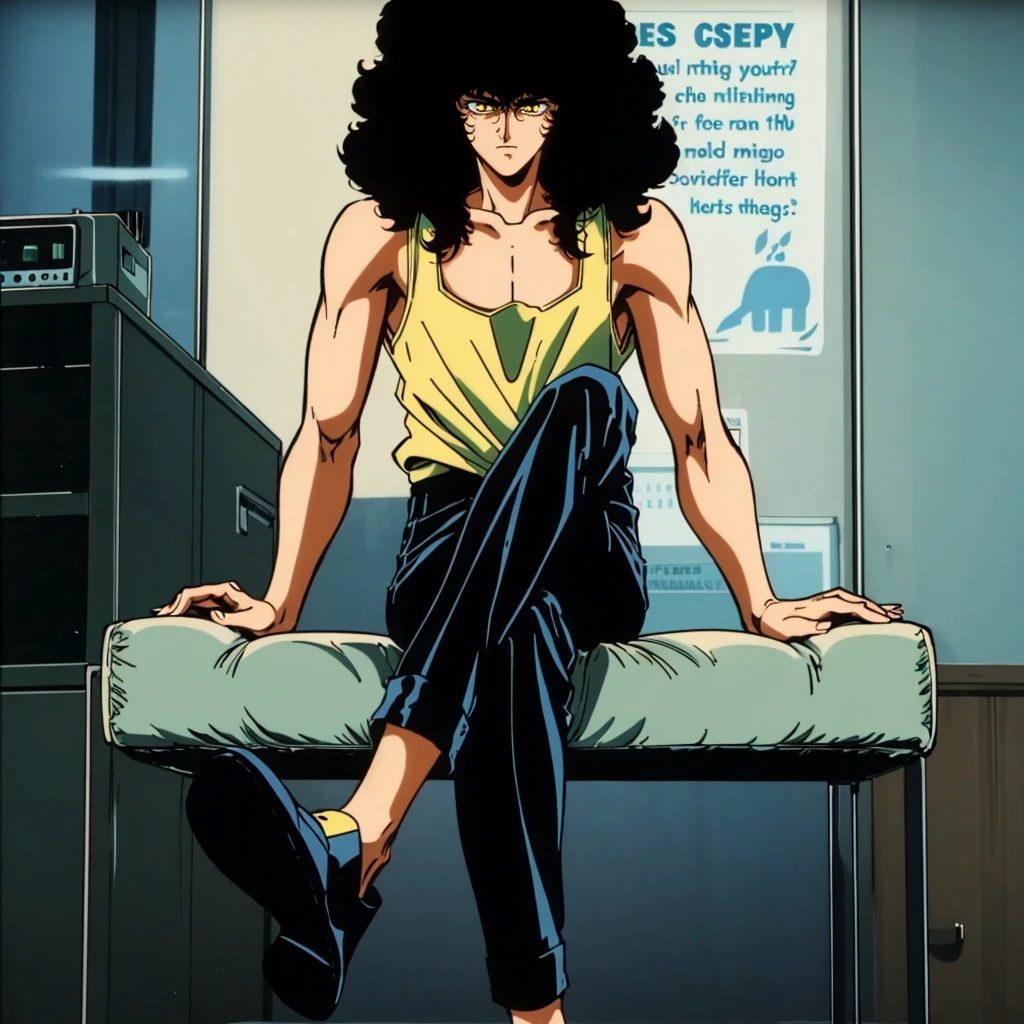 <lora:Asura001:0.7>,
retro artstyle,1980s (style),
Asura,1man,black hair,curly hair,yellow eyes,
yellow shirt,tank_top,black pants,long legs,
full body,sitting,