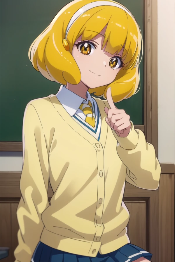 yayoikise, <lora:yayoi kise s1-lora-nochekaiser:1>,
yayoi kise, short hair, blonde hair, (yellow eyes:1.3), hairband, white hairband, smile,
BREAK skirt, school uniform, socks, cardigan, nanairogaoka middle school uniform, yellow cardigan, pleated skirt, blue skirt,
BREAK indoors,classroom,
BREAK looking at viewer, dynamic pose,
BREAK <lyco:GoodHands-beta2:1>, (masterpiece:1.2), best quality, high resolution, unity 8k wallpaper, (illustration:0.8), (beautiful detailed eyes:1.6), extremely detailed face, perfect lighting, extremely detailed CG, (perfect hands, perfect anatomy),
