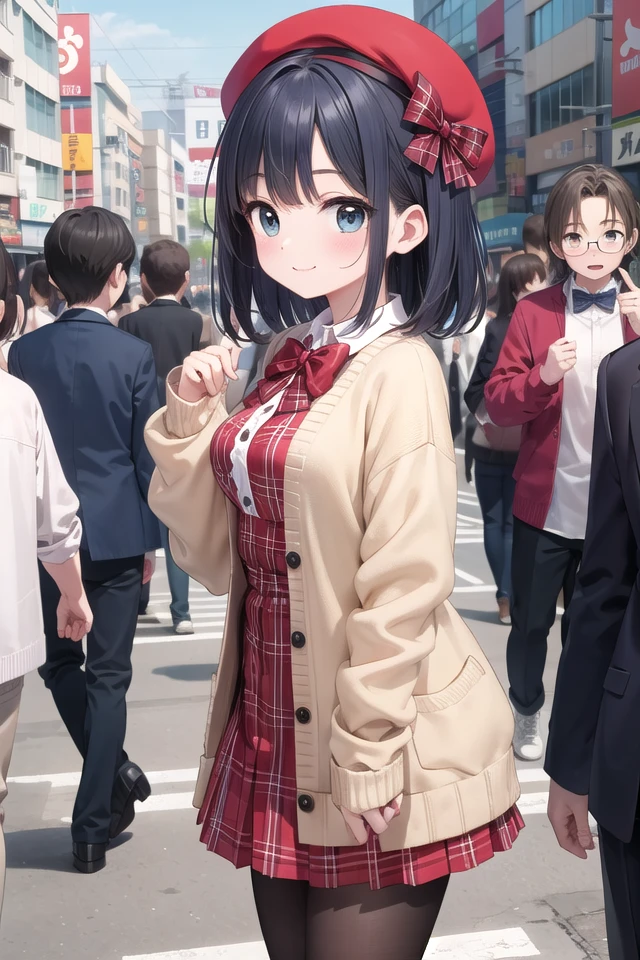 insanely detailed, absurdres, ultra-highres, ultra-detailed, best quality,
1girl, solo, nice hands, perfect hands
BREAK
(vintage-inspired beret with flower pin:1.3), (navy and red plaid dress:1.5), (golden buttons down the front:1.2), (ivory blouse with ruffle detailing and red bow tie:1.4), (peach cardigan with cable knit pattern:1.3), (black tights:1.1), (red Mary Jane shoes:1.2)
BREAK
happy smile, laugh, closed mouth, standing,
from side, standing, cowboy shot
BREAK
slender, kawaii, perfect symmetrical face, ultra cute girl, ultra cute face, ultra detailed eyes, ultra detailed hair, ultra cute, ultra beautiful
BREAK
shibuya, akihabara, tokyo, street, crowd, cityscape
BREAK
medium breasts,
(turquoise blue medium hair, black eyes), hime cut