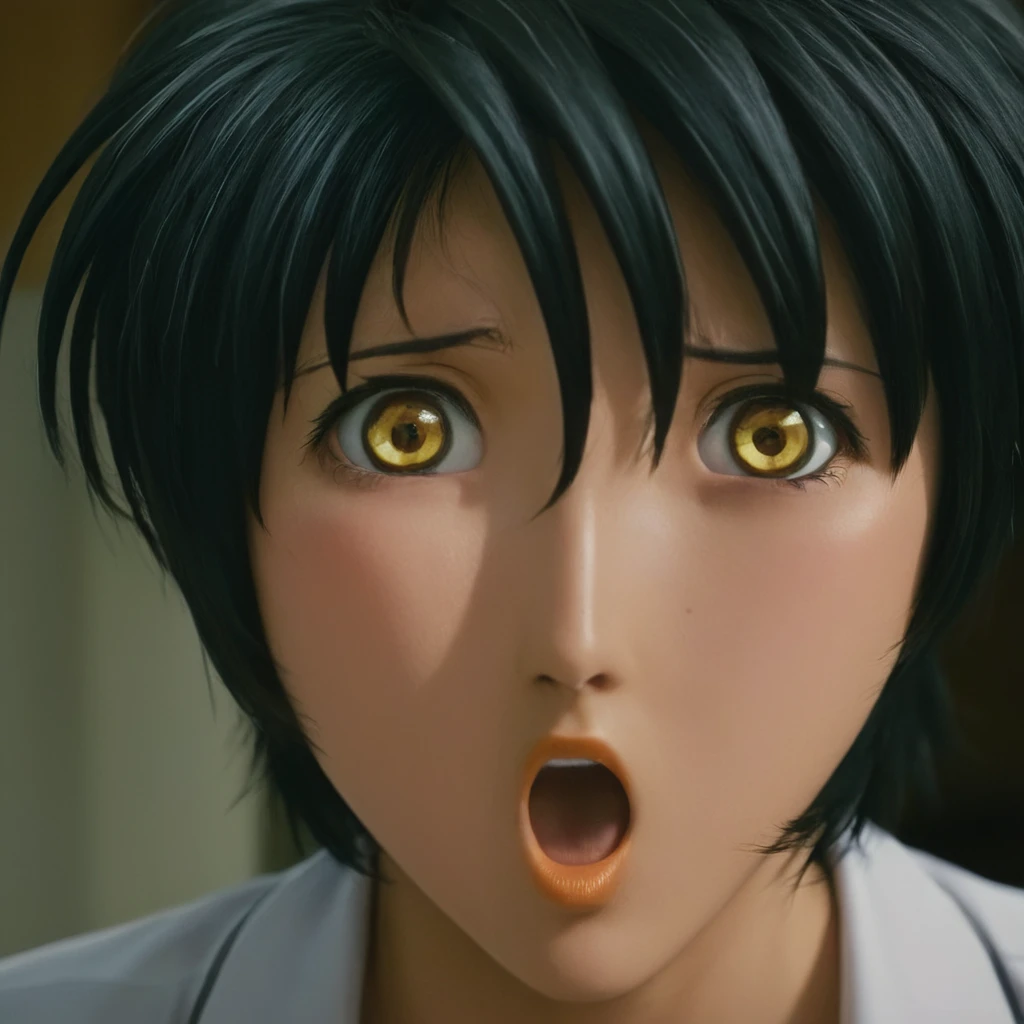 cinematic film still of <lora:Chiaroscuro Lighting Style:0.8>Chiaroscuro Lighting Style
<lora:Yukiko Minase:1> Yukiko Minase
Yukiko Minase a close up of a person with a surprised look,1girl,solo,looking at viewer,short hair,open mouth,black hair,hair between eyes,brown eyes,yellow eyes,sweat,close-up brown_eyes, short light_green hair, choppy hair, eroge,anime,manga,nsfw,cartoon,Adult animation,explicit,Original video animation, Baiburu Burakku style, Bible Black style, shallow depth of field, vignette, highly detailed, high budget, bokeh, cinemascope, moody, epic, gorgeous, film grain, grainy