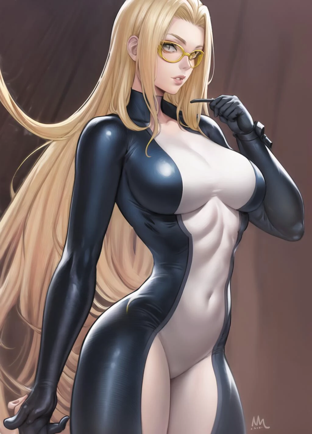  <lora:Mockingbird-000012:1>,  solo, ms.barton, breasts, medium breasts simple background, lips, large breasts, long hair, yellow glasses,  <lora:sciamano240:0.8>blonde hair, bodysuit, 