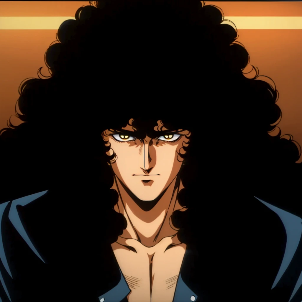 <lora:Asura001:0.7>,
retro artstyle,1980s (style),
Asura,1man,black hair,big hair,curly hair,yellow eyes,